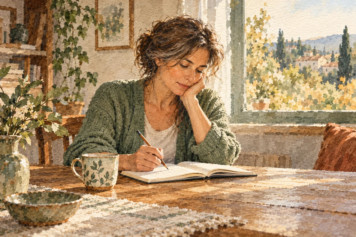 Prendre du recul avec un carnet Une femme écrit dans un carnet à une table près d’une fenêtre, une tasse à côté d’elle.