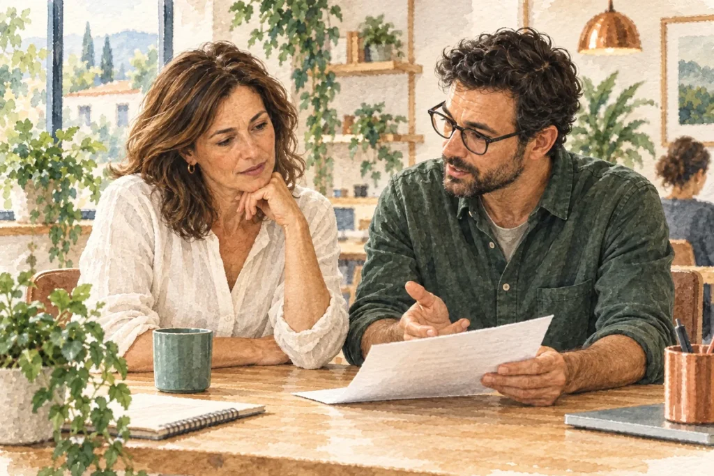 Femme écoutant un collègue commenter un document à une table de travail