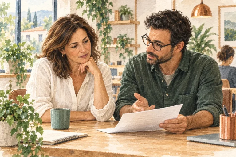 Femme écoutant un collègue commenter un document à une table de travail
