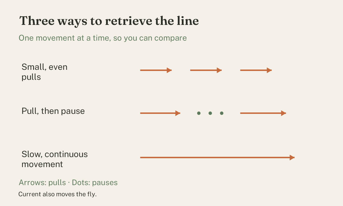 Diagram of three sequences: small even pulls, a pull followed by a pause, and a slow continuous retrieve