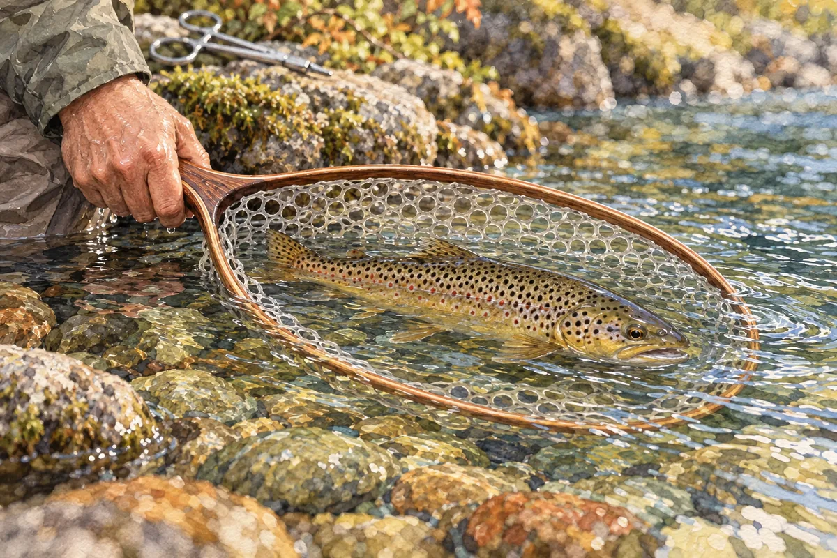 Truite brune immergée dans une épuisette à cadre de bois et maille souple au bord d’une rivière claire.