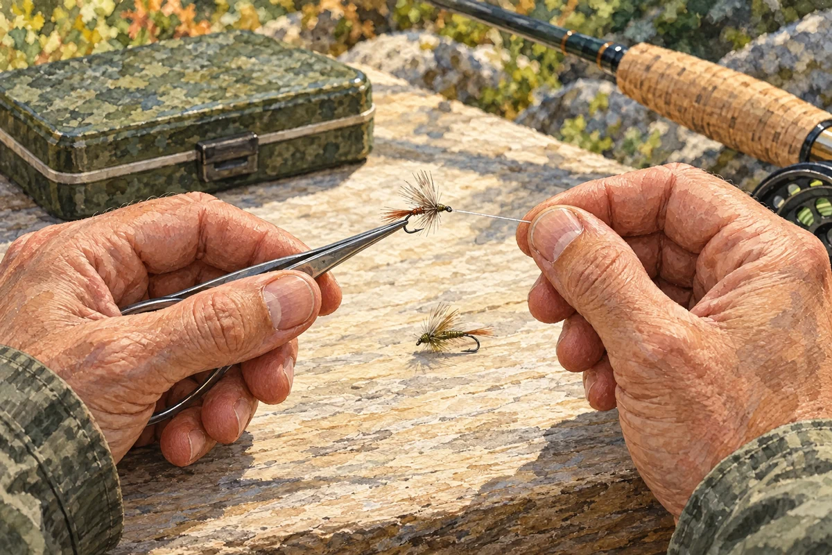 Mains examinant une petite mouche tenue avec une pince au-dessus d’une planche, près d’une boîte à mouches.