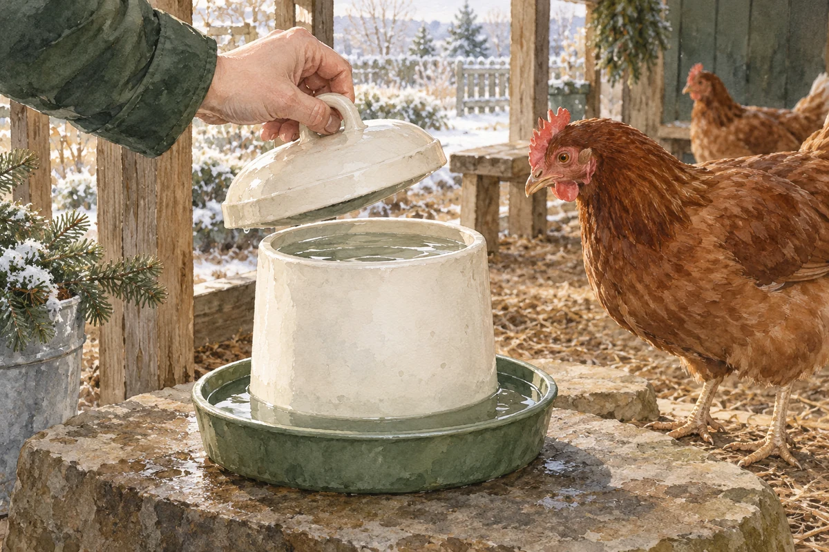 Une main soulève le couvercle d’un abreuvoir rempli d’eau liquide à côté d’une poule rousse