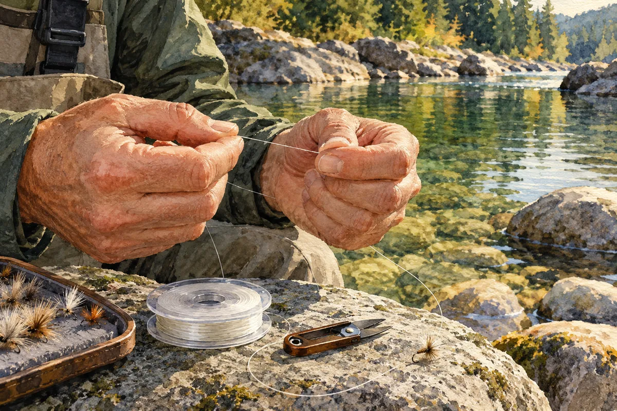 Pêcheur vérifiant entre ses doigts une pointe de pêche à la mouche près d’une rivière claire